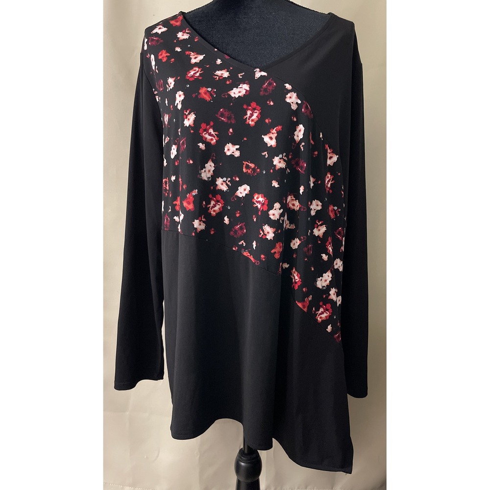 Lane Bryant Womens 22/24 Tunic Top Black Red Floral Asymmetrical V Neck Stretch